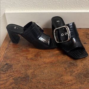 Zara Black Textured Mules with Silver Buckle
